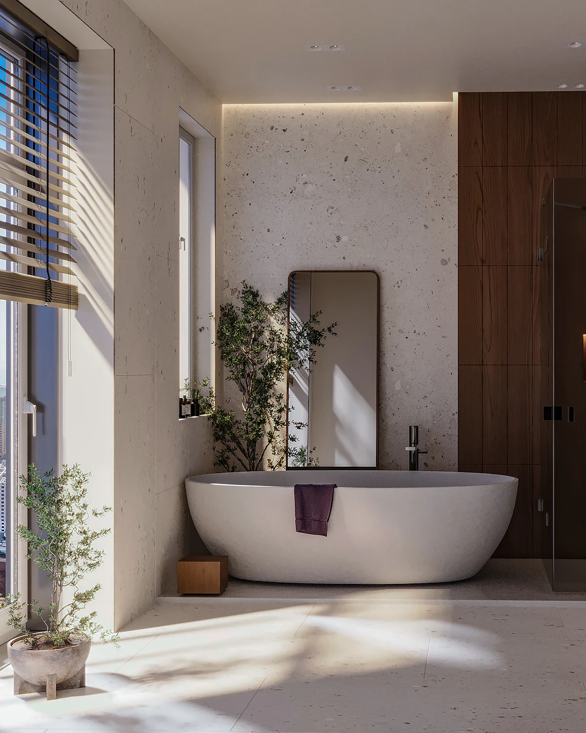 Illustrative Visualisierung: Bad mit freistehender Wanne, Terrazzo und Holzwand